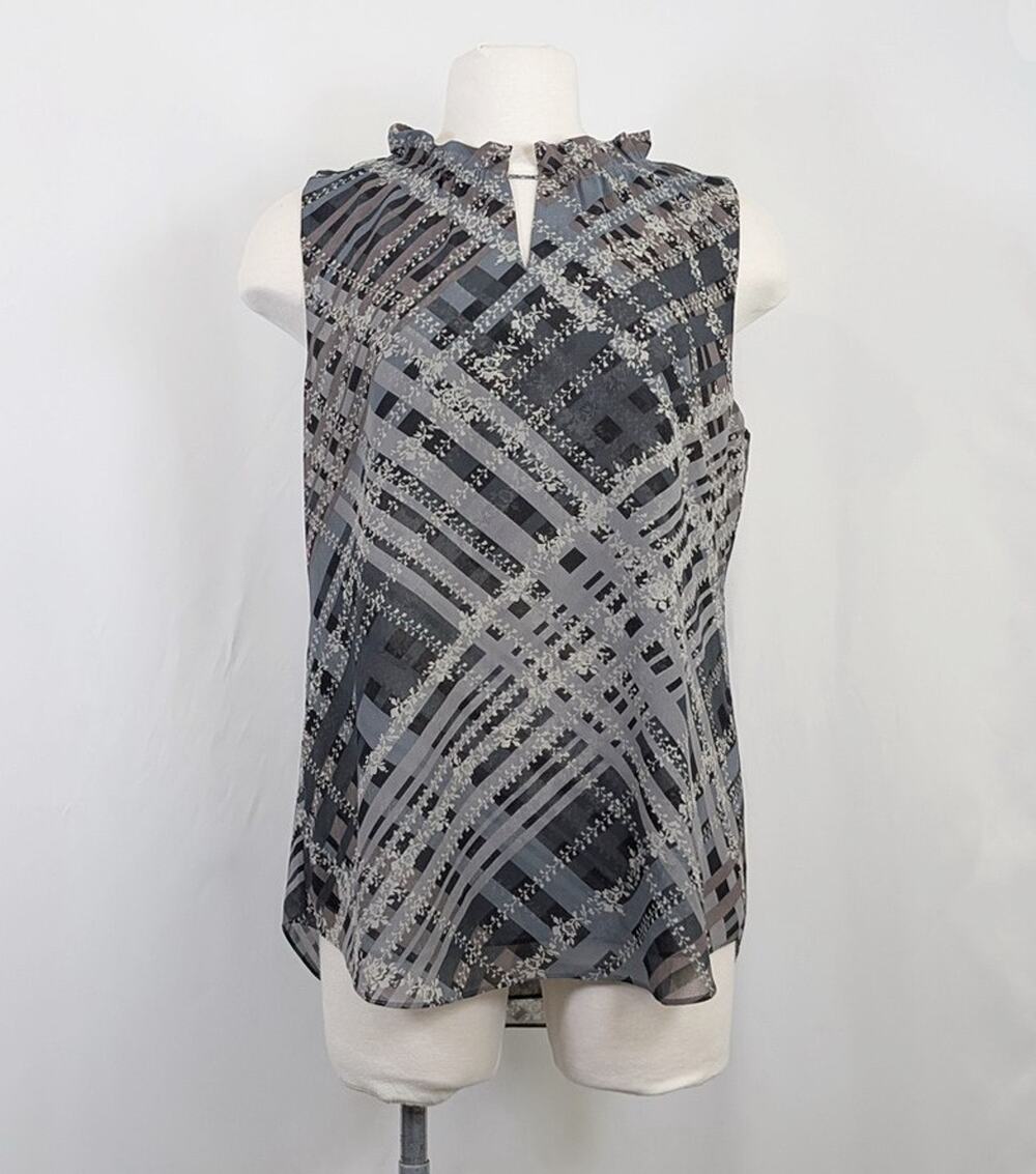 CAbi Blouse Graph Trellis Sleeveless Ruffle Collar Keyhole Women's Size L 3451
